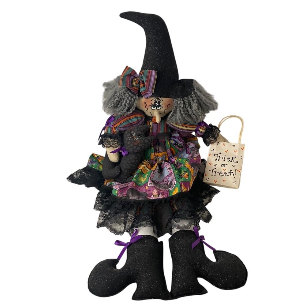 Handmade Halloween Witch Doll Cat Trick‎ Or Treat Bag Rainbow Dress Halloween